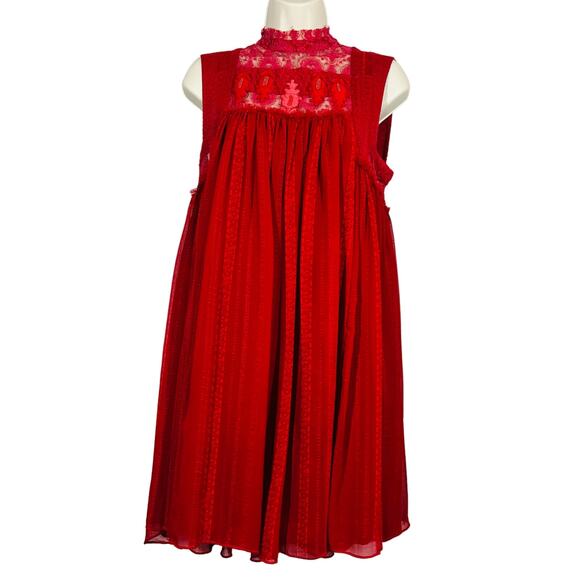 Free People Embroidered Baby Doll Dress Sleeveless Blood Red Casual Halter - M - Picture 1 of 6